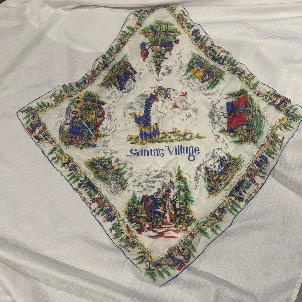 Vintage Santa’s Village Silk Scarf North Pole Gingerbread Pumpkin Coach Train